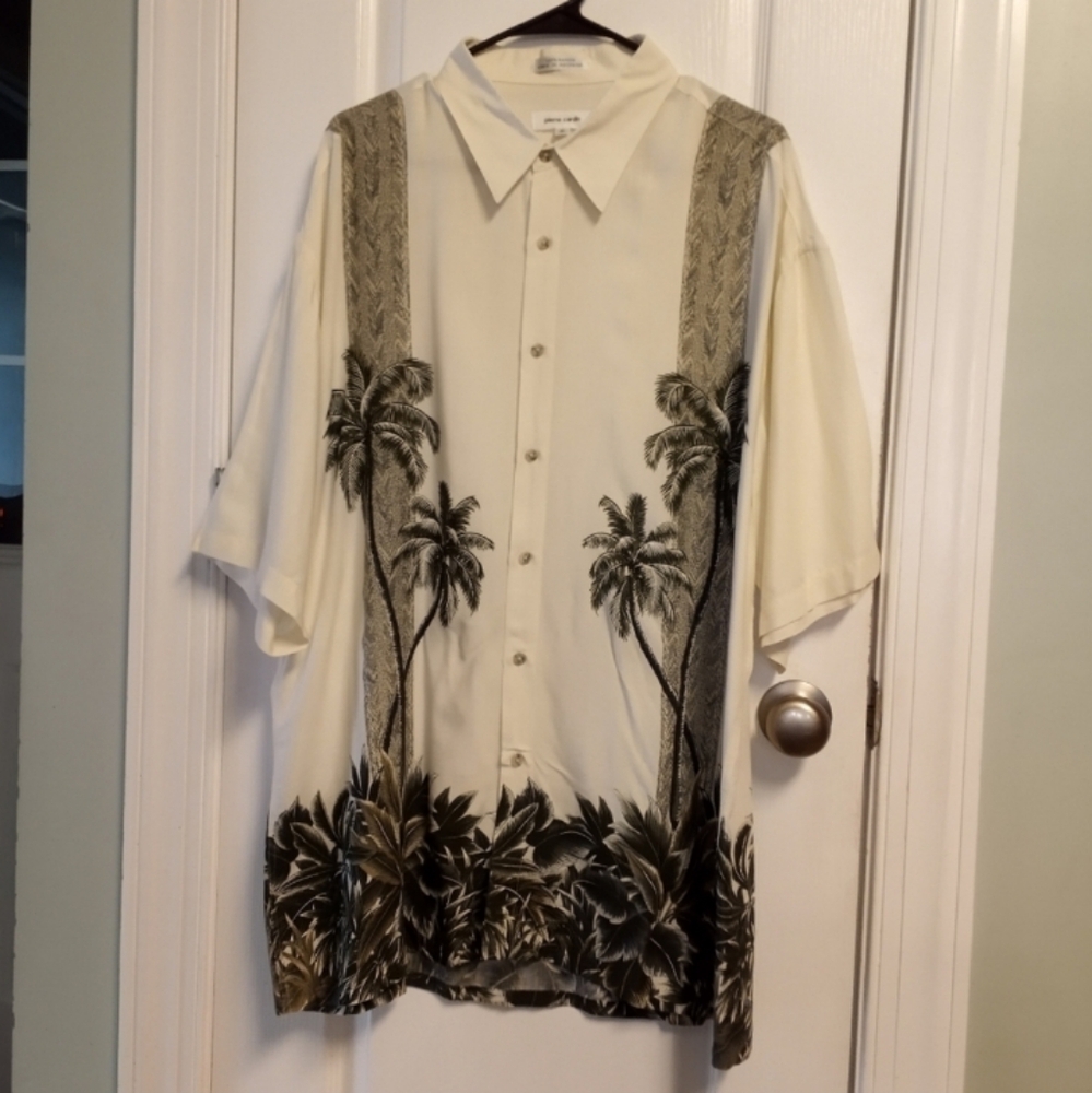 Pierre Cardin Tropical Palm Tree Button-Up Dressy Shirt Men's XL Yellow Vacation